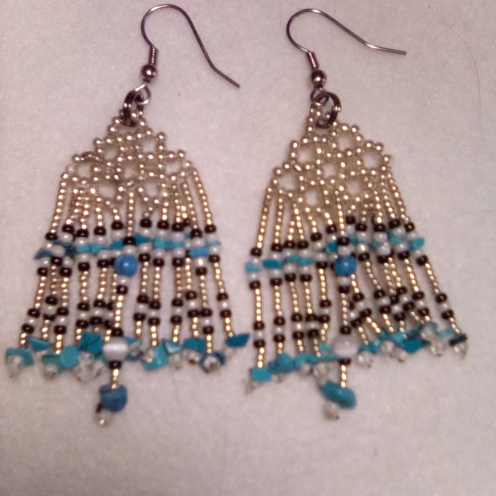 Hand Crafted  Silver n turquoise beaded earrings